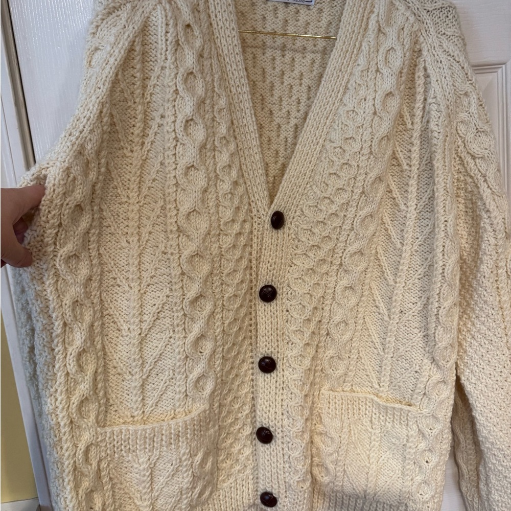 Vintage Irish Cozy Cable Knit 100% Wool Cardigan Sweater